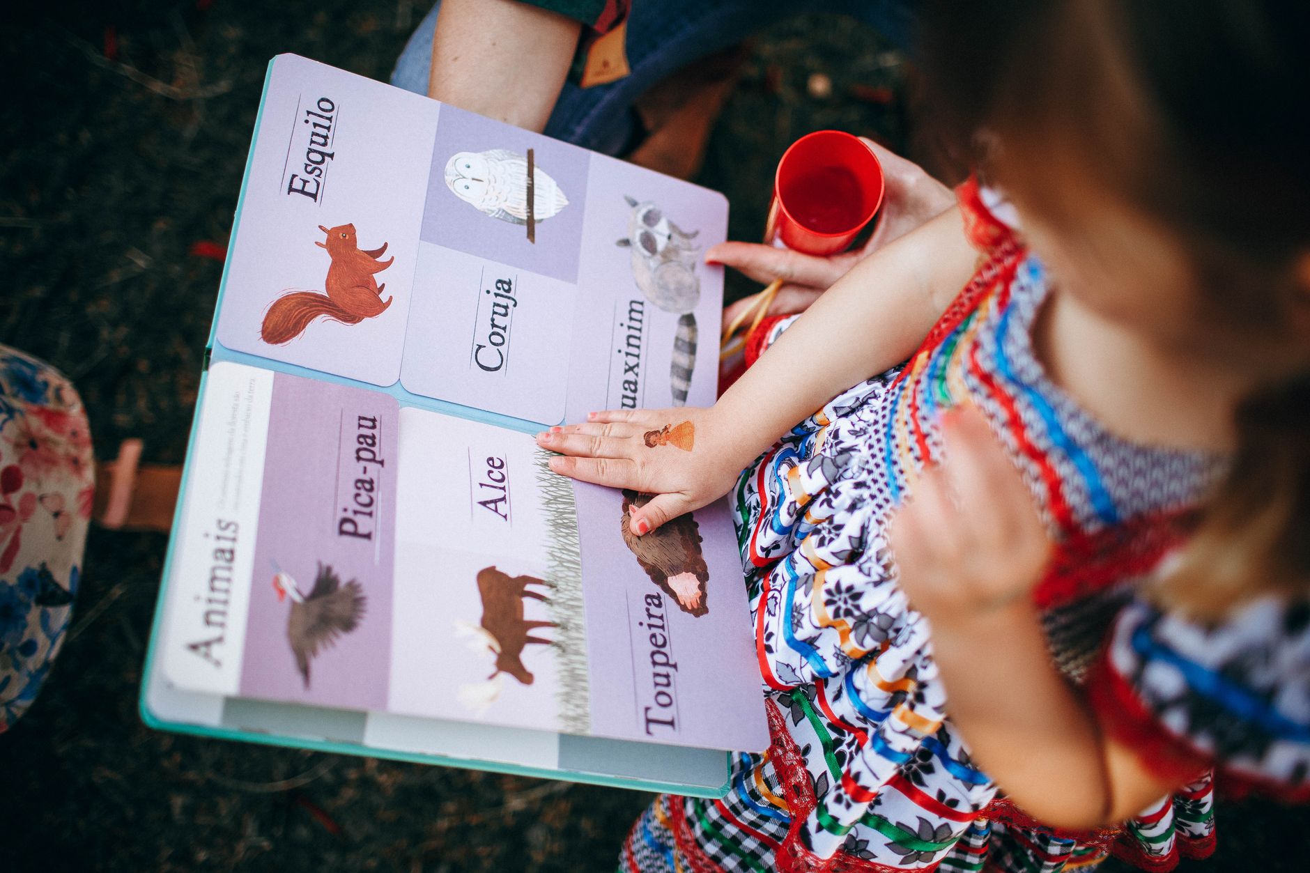 From above of little girl with temporary tattoo on hand in vivid summer dress reading colorful book with big pictures near crop woman in park on daytime
